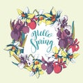 Vector lettering Hello Spring hand drawn floral background flowers frame.