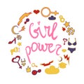 Girl power vector text, feminism slogan. Pink lettering with details for clothes, posters and wall art. Handwritten. EPS 10 Royalty Free Stock Photo
