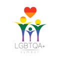 Vector LGBTQA family symbol. Pride flag background. Icon for gay, lesbian, bisexual, transsexual, queer and allies