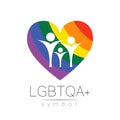 Vector LGBTQA family symbol. Pride flag background. Icon for gay, lesbian, bisexual, transsexual, queer and allies