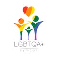 Vector LGBTQA family symbol. Pride flag background. Icon for gay, lesbian, bisexual, transsexual, queer and allies