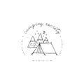 Vector liear camping and hiking icon or logo. Traveling emblem or round badge with camping tent and mountins. Design for t-shirt