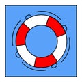 Vector lifebuoy icon red and white stripes. Drawing on a blue square background