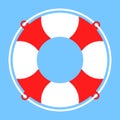 Vector lifebuoy with rope in red and white on blue background, icon - help, rescue or help symbol