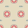 Vector lifebuoy and waves marine seamless pattern