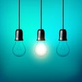 Vector Light bulb on blue green background. Realistic style lamp. Royalty Free Stock Photo