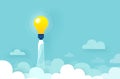 Vector of light bulb rocket flying up over clouds Royalty Free Stock Photo