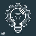 Vector light bulb shape, high quality cog wheel. Technical solution symbol, manufacturing and business idea icon, retro graphic g