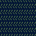 Vector mimicking folk herringbone stitching repeat seamless pattern. Light green hand drawn tribal lines and stripes, on dark blue