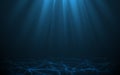 Vector Light Rays in Dark Blue Underwater Ocean Background. Sun Glare at the Bottom of Sea. Deep Ocean Stormy Water with Plankton