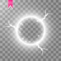 Vector light ring with electric lightning . Round shiny frame with lights dust trail particles isolated on transparent