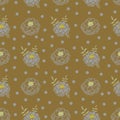 Vector light yellow and grey drawing an elegant seamless pattern with marigold plants, leaves, and flowers.