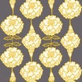 Vector light yellow and grey drawing an elegant seamless pattern with marigold plants, leaves, and hibiscus flowers. Royalty Free Stock Photo