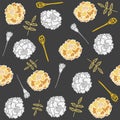 Vector light yellow and grey drawing elegant seamless pattern with marigold plants, leaves, and hibiscus flowers.