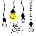 Vector lightbulb icon with concept of idea. Doodle hand drawn sign.