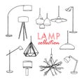 Vector lighting lamp illustration. floor lamp, table lamp, pendant, interior design Royalty Free Stock Photo