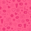 Vector Like girly pattern. Abstract pink icon texture Seamless design surface background. Kiss, like, heart, camera, beauty party.