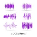 Vector lilac sound waves set. Audio equalizer technology, music pulse. Vector illustration