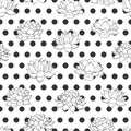 Vector lilies contours with black polka dot seamless pattern on white background. Retro floral design. Royalty Free Stock Photo