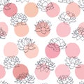 Vector lilies contours with pink circles seamless pattern on white background. Vintage floral design. Royalty Free Stock Photo