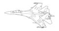 Vector line art airplane design. Military plane black contour outline sketch illustration isolated on white background