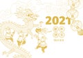 Vector line art banner with a illustration of Chinese performing a Dragon Dance. Chine spring festival