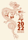 Vector line art banner with a illustration of Chinese performing a Dragon Dance. Chine spring festival