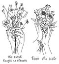 Vector line art hand with bouquet of flowers