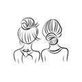 Vector line art illustration, girls , two friends, together - back view