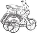 Vector line art illustration style of becak or the pedicab. Indonesian traditional transportation,