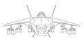 Vector line art military plane, concept design. Airplane black contour outline illustration isolated on white background