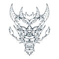 Vector line art of mythical dragon head. Detailed illustration of a horned mythological dragon head