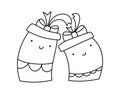 Vector line Christmas illustration couple of happy love smiling gift boxes. Pair of cute patterned elements for winter