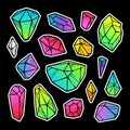 Vector line color neon gradient crystals stickers isolated on black background