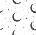 Vector Line Cosmic Seamless Pattern, Moon, Stars