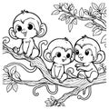 Vector line drawing of a group of monkeys in black and white Royalty Free Stock Photo