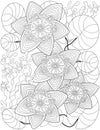 Vector line drawing stylized four lotus flowers floating leaves lake. Digital lineart image elaborate floral water lily