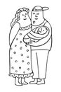 Vector line drawing of a young family with a baby. Woman with long hair in a dress, man with a cap holds the newborn baby. Family