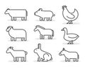 Vector line farm animals icon set. Geometric linear cow, pig, ch