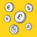 Vector line hand drawn coins. Black and white money. Sketch style, on white background. World currency.