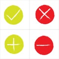 Vector line icon cancel and approve. Black red and green cross and check, plus and minus mark symbol. Royalty Free Stock Photo