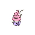 Vector Line Icon. Cupcake. One line colored drawing. Isolated on white background