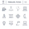 Vector line icon of pendulum types. Newton cradle, metronome, table pendulum, perpetuum mobile, gyroscope. Linear pictogram
