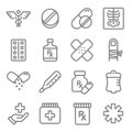 Vector Line Icon Set. Contains such Icons as Pills, Tablet, Pain, Painkiller, Aspirin, Health and more. Royalty Free Stock Photo