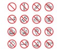 Vector line icon set forbidden sign. Outline stroke design in red circle and pictogram choice rules. Warning closed agreement and