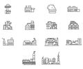 Vector line icon set industry building. Business outline factory construction and warehouse manufacturing. Energy tower and power Royalty Free Stock Photo