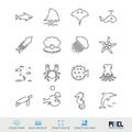 Vector Line Icon Set. Marine Life Related Linear Icons. Sea Creatures, Animals Symbols, Pictograms, Signs Royalty Free Stock Photo