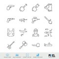 Vector line icon set. Weapons related linear icons. Army and police symbols, pictograms, signs