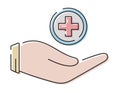 Vector isolated line icon. Symbol of a human hand holding a medical cross.