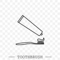 Vector line icon of toothbrush and a tube of toothpaste. Toothpaste is squeezed from a tube onto a toothbrush.Toothbrush icon